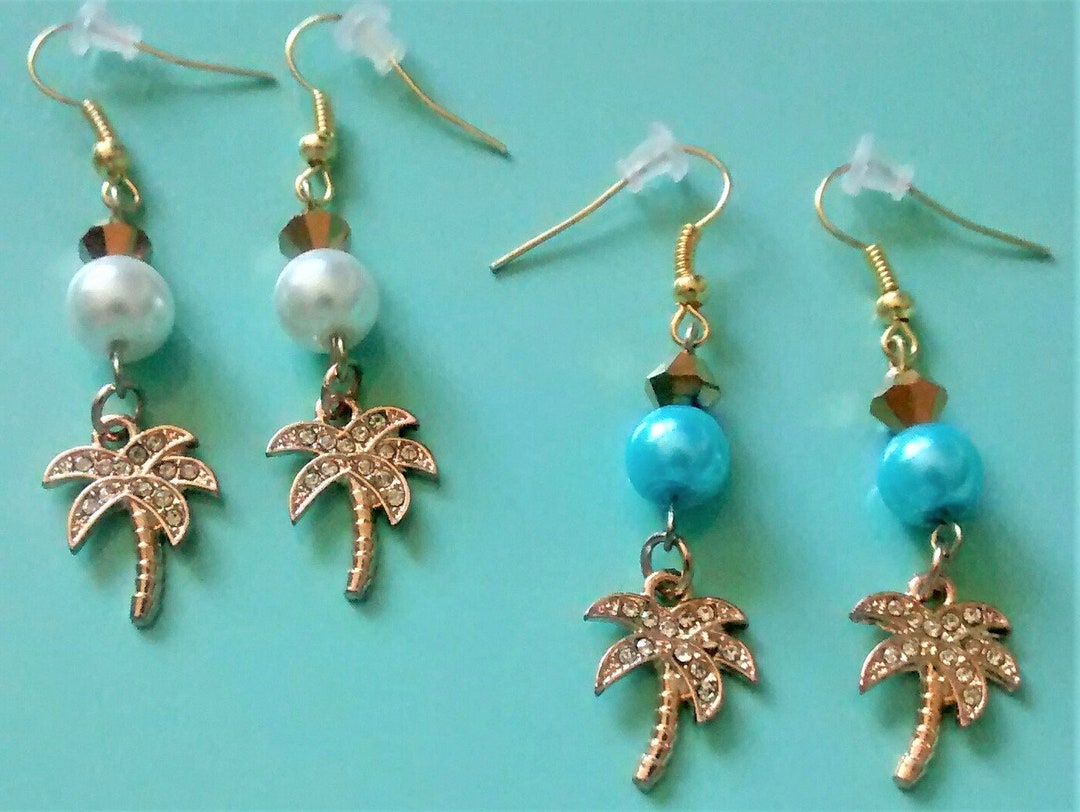 Gold Rhinestone Palm Tree Earrings, Pearl Tropical Earrings, Beach