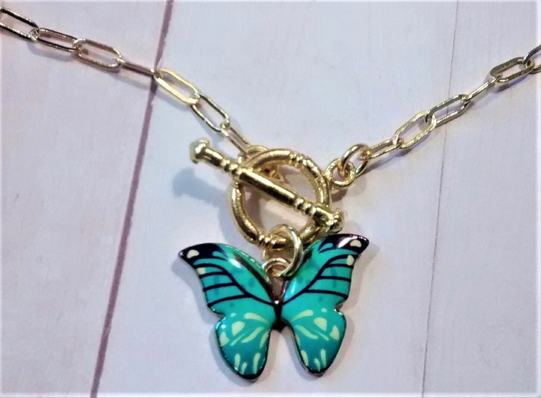 Aqua Blue/navy Butterfly Necklace, Ladies Butterfly Necklace, Ladies