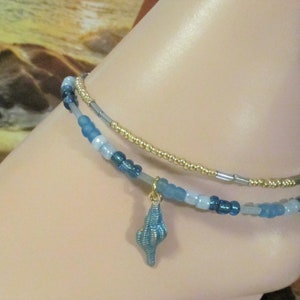 Blue Seed Beaded Anklet: Layered Boho Beach Seashell Charm