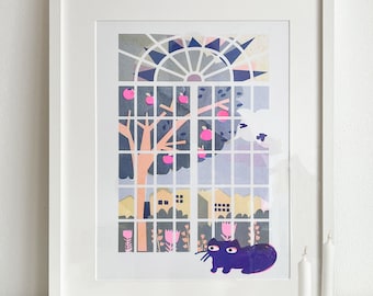 Katze am Fenster Riso Print Risografie