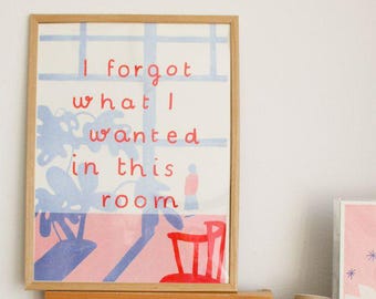 Riso Print A3 zweifarbig - Kunstposter in Pink und Blau | Statement Art Print "I forgot what I wanted in this room"