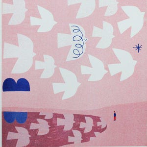 Riso Print “Vogelmeer” – Dreifarbig | Risografie Kunstdruck A3 | Limitierter Tier‑Print als Wanddeko & Geschenk