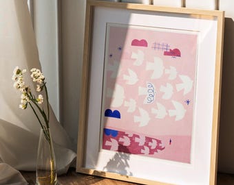 Riso Print “Vogelmeer” – Dreifarbig | Risografie Kunstdruck A3 | Limitierter Tier‑Print als Wanddeko & Geschenk