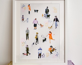 Hundebesitzer Riso Print Din A3 Risografie Hunde Gassigehen Illustration in Sonderfarben