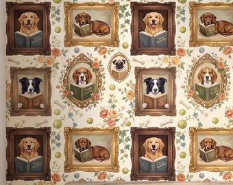 Dog Wallpaper, Whimsical Dogs Reading Books Gallery Wall Portraits, Vintage Floral Peel and Stick, Removable Renter Friendly Pet Wall Mural