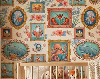 Coastal Whimsical Wallpaper, Sea Animals Reading Books, Beach House Peel Stick, Removable Nautical Kids Bathroom Renter Friendly Wall Decor