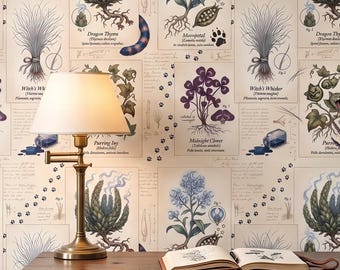 Dark Academia Wallpaper, Vintage Botanical Herbarium with Hidden Cat, Witchy Apothecary Peel Stick, Removable Renter Friendly Moody Mural