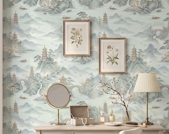 Chinoiserie Wallpaper, Sage Green Asian Landscape Mural, Japanese Pagoda Mountain Decor, Peel Stick Removable Renter Friendly Bedroom