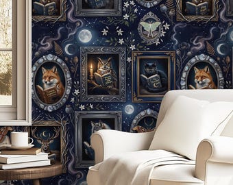 Celestial Whimsigoth Wallpaper, Witchy Animals Reading Moon and Stars, Navy Dark Peel Stick, Removable Mystical Gothic Bedroom Wall Decor