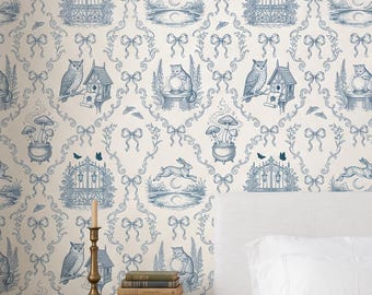 Blue Toile Wallpaper, Whimsigoth Witchy Cats and Owls French Country, Coquette Peel Stick, Removable Renter Friendly Bedroom Bathroom Decor