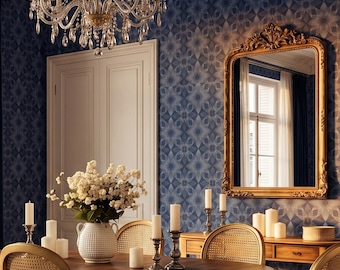 Papel pintado marroquí damasco azul marino oscuro, azulejo mural de pared removible autoadhesivo mediterráneo, decoración de baño con estampado floral oscuro y sofisticado.