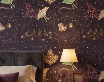 Whimsigoth moth Wallpaper,  Witchy butterflies starry night Peel and Stick, Removable Dark Academia Renter Friendly wall mural art