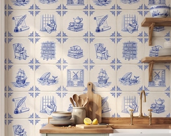 Delft Tile Wallpaper, Blue and White Kitchen Backsplash Decor, Bookish Nautical Bathroom Mural, Peel Stick Removable Renter Friendly