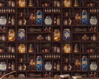 Whimsigoth Cat Wallpaper,  Witchy Potions Apothecary Library Shelves Peel and Stick, Removable Dark Academia Renter Friendly wall mural art