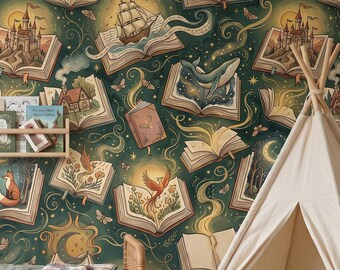 Fairytale Nursery Wallpaper, Whimsical Storybook Kids Playroom Wall Decor, Peel and Stick Removable Renter Friendly, Book Lover Toddler Room