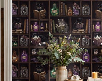 Cat Wallpaper, Whimsigoth Black Cats Reading in Apothecary Shelves, Witchy Potions Peel and Stick, Removable Dark Academia Renter Friendly
