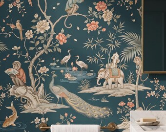 Dark Chinoiserie Wallpaper, Teal Menagerie Floral Decor, Peony Magnolia Bird Dining Room Mural, Peel Stick Removable Renter Friendly Bedroom