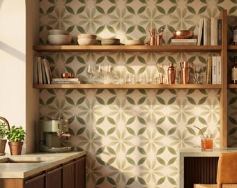 Papel pintado marroquí verde, azulejo mediterráneo moderno, autoadhesivo neutro y acogedor, decoración para el baño y el hogar, arte mural removible moderno con acuarela