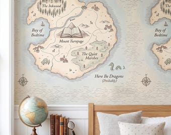 Storybook Map Wallpaper, Whimsical Fantasy Island Adventure Kids Mural, Vintage Cartography Peel Stick, Removable Renter Friendly Nursery