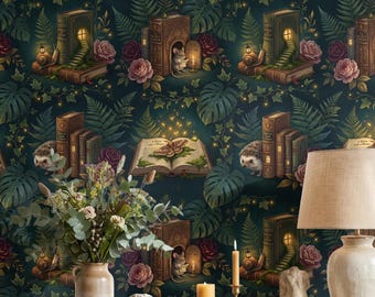 Dark Botanical Wallpaper, Book Cottage wall art mural, Moody Bookish Peel and Stick, Removable Renter Friendly Dark Academia  fairy core