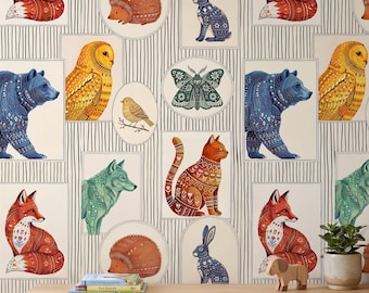 Whimsical Animal Wallpaper, Scandinavian Folk Kids Room Wall Decor, Colorful Woodland Gallery Nursery Mural, Peel Stick Removable Renter