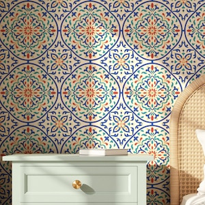 Marokkaans behang, moderne Marokkaanse tegels, linnenkleur, Peel and Stick, Scandinavisch, interieur badkamer, grillige muurkunst, mediterraan
