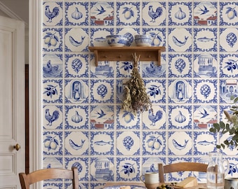 Kitchen Tile Decal Wallpaper, Blue Backsplash Mediterranean Decor, Portuguese Azulejo Dining Mural, Peel Stick Removable Renter Friendly