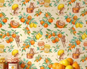 Citrus Kitchen Wallpaper, Whimsical Mice Making Marmalade with Oranges Lemons, Bright Peel and Stick, Removable Renter Friendly Cottagecore