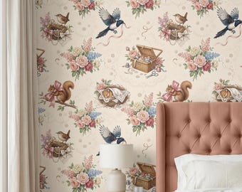 Coquette Wallpaper, Grandmillennial Animals and Pink Bows Chintz Floral, Shabby Chic Peel and Stick, Removable Renter Friendly Bedroom Decor