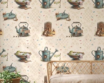 Cottagecore Wallpaper, Whimsical Garden Mice and Frogs Copper Cottage Homes, Vintage Storybook Peel Stick, Removable Renter Friendly Mural
