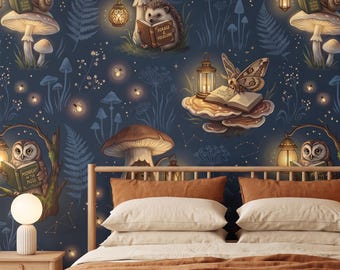 Mushroom Wallpaper, Enchanted Forest Animals Reading by Lantern Light, Dark Cottagecore Peel Stick, Removable Renter Friendly Woodland Mural
