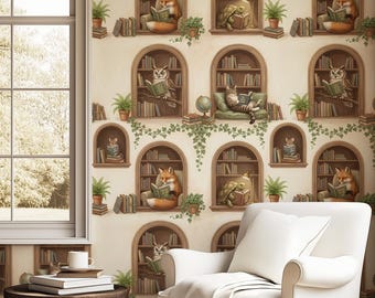 Cute Nursery Wallpaper, Whimsical Animals vintage library Reading Books, Cottagecore Peel and Stick, Removable Renter Friendly Kids Decor