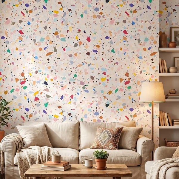 Rainbow Terrazzo Wallpaper, Nursery Boho concrete traditional Peel Stick removable wall mural, minimalist renter friendly decor