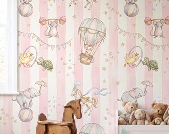 Circus Nursery Wallpaper, Pastel Vintage Carousel Horse and Hot Air Balloon, Whimsical Peel and Stick, Removable Baby Girl Kids Room Decor