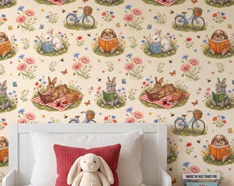 Floral Nursery Wallpaper, Whimsical Bunnies in Wildflower Meadow Cottagecore Peel Stick, Removable Renter Friendly Kids Room wall Mural