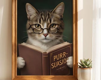 Cat Reading Poster, Funny Bookworm Wall Art, Bookish Gift for Book Lovers, Literary Animal Print for Library Office or Reading Nook Decor