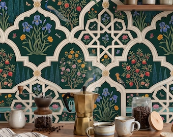 Emerald Green Indian Mughal Wallpaper, Peacock Garden Decor, Maximalist Moroccan Tile Dining Mural, Peel Stick Removable Renter Friendly