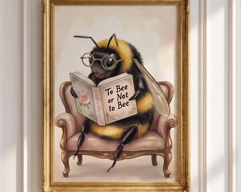 Bee Reading Poster, Funny Bookworm Wall Art, Bookish Gift for Book Lovers, Literary Animal Print for Library Office or Reading Nook Decor