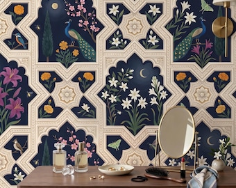 Peacock Navy Blue Indian Mughal  Wallpaper, Maximalist Moroccan Tile Garden Decor, Peel Stick Removable Renter Friendly Bedroom Mural Art