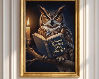 Owl Reading Poster, Funny Bookworm Wall Art, Bookish Gift for Book Lovers, Literary Animal Print for Library Office or Reading Nook Decor