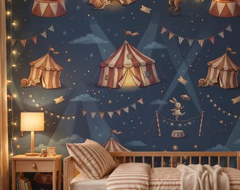 Vintage Circus Wallpaper, Navy Big Top Tents and Acrobat Animals at Night, Whimsical Peel and Stick, Removable Kids Room Toddler Boy Decor