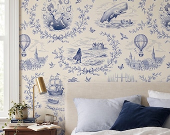 French Toile Wallpaper, Vintage Blue Grandmillennial Wall Decor, Book Lover Powder Room Mural, Peel and Stick Removable Renter Friendly