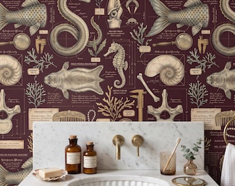 Dark Academia Wallpaper, Moody Vintage Botanical Nautical Decor, Mermaid Apothecary Bathroom Mural, Peel Stick Removable Renter Friendly