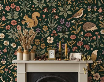 Woodland Wallpaper, Dark Green Wildflower Floral Decor, William Morris Fox Deer Hallway Mural, Peel Stick Removable Renter Friendly