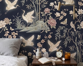 Chinoiserie Wallpaper, Navy Crane Dark Floral Decor, Peony Magnolia Bird Dining Room Mural, Peel Stick Removable Renter Friendly Bedroom