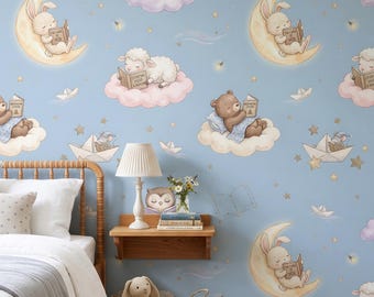 Pastel Nursery Wallpaper, Baby Animals in the Clouds, Whimsical Watercolor Peel and Stick, Removable Renter Friendly Kids Room Decor