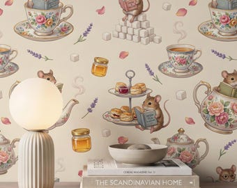 Tea Room Wallpaper, Cottagecore Mice Reading in Vintage Teacups, Floral Kitchen Peel Stick, Removable Renter Friendly Whimsical Wall Mural