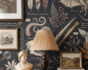 Moody Dark Academia Wallpaper, Vintage Botanical Fantasy Study Decor, Dragon Apothecary Office Mural, Peel Stick Removable Renter Friendly