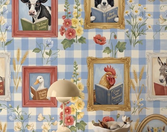 Farm Animals reading Wallpaper, Whimsical library Blue Gingham Peel Stick, removable renter friendly Bookish floral Nursery Wall Decor