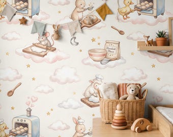 Pastel Nursery Wallpaper, Baby Animals Baking in the Clouds, Whimsical Watercolor Peel and Stick, Removable Renter Friendly Baby Room Decor
